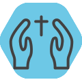 Hands with cross between them icon on blue background